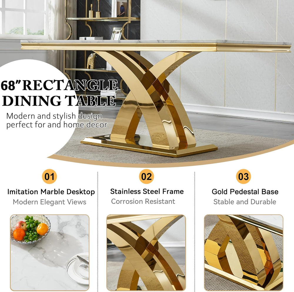 Modern Marble Dining Table for 6-8, 68" Faux Marble Kitchen Table with G...
