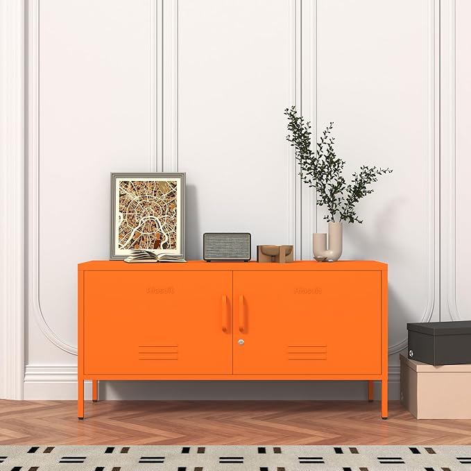 Orange Lockable Metal TV Stand Entertainment Center, Heavy Duty Storage Cabinet Supports 80+ Inch TVs, Multifunctional Media Console for Home Living Room Office 22" H X 35.4" W X 13.8" D