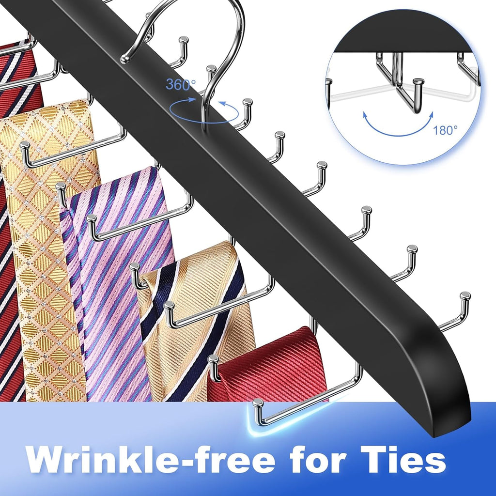 RESOVO Upgraded Tie Rack Hanger with 20 Foldable Metal Hooks, Space Saving Necktie Organizer for Men – Large Capacity Tie and Belt Wooden Hanger for Closet - Black