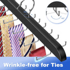 RESOVO Upgraded Tie Rack Hanger with 20 Foldable Metal Hooks, Space Saving Necktie Organizer for Men – Large Capacity Tie and Belt Wooden Hanger for Closet - Black