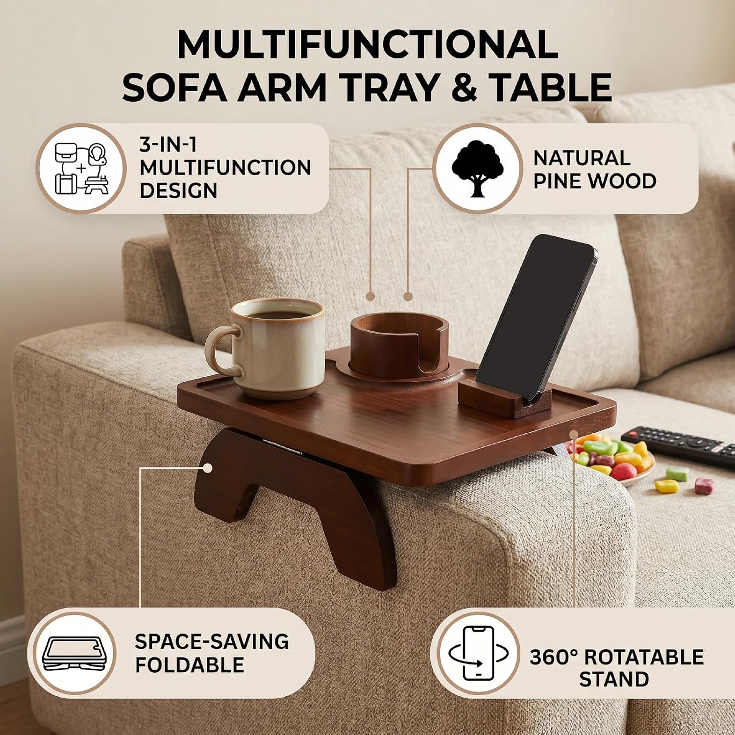 Asixxsix Sofa Arm Tray, Natural Pinewood Clip On Tray with Cup Holder and 360 Degree Rotatable Phone Stand, Foldable Couch Armrest Table for Living Room Snacks Drinks Remote Control (Brown)