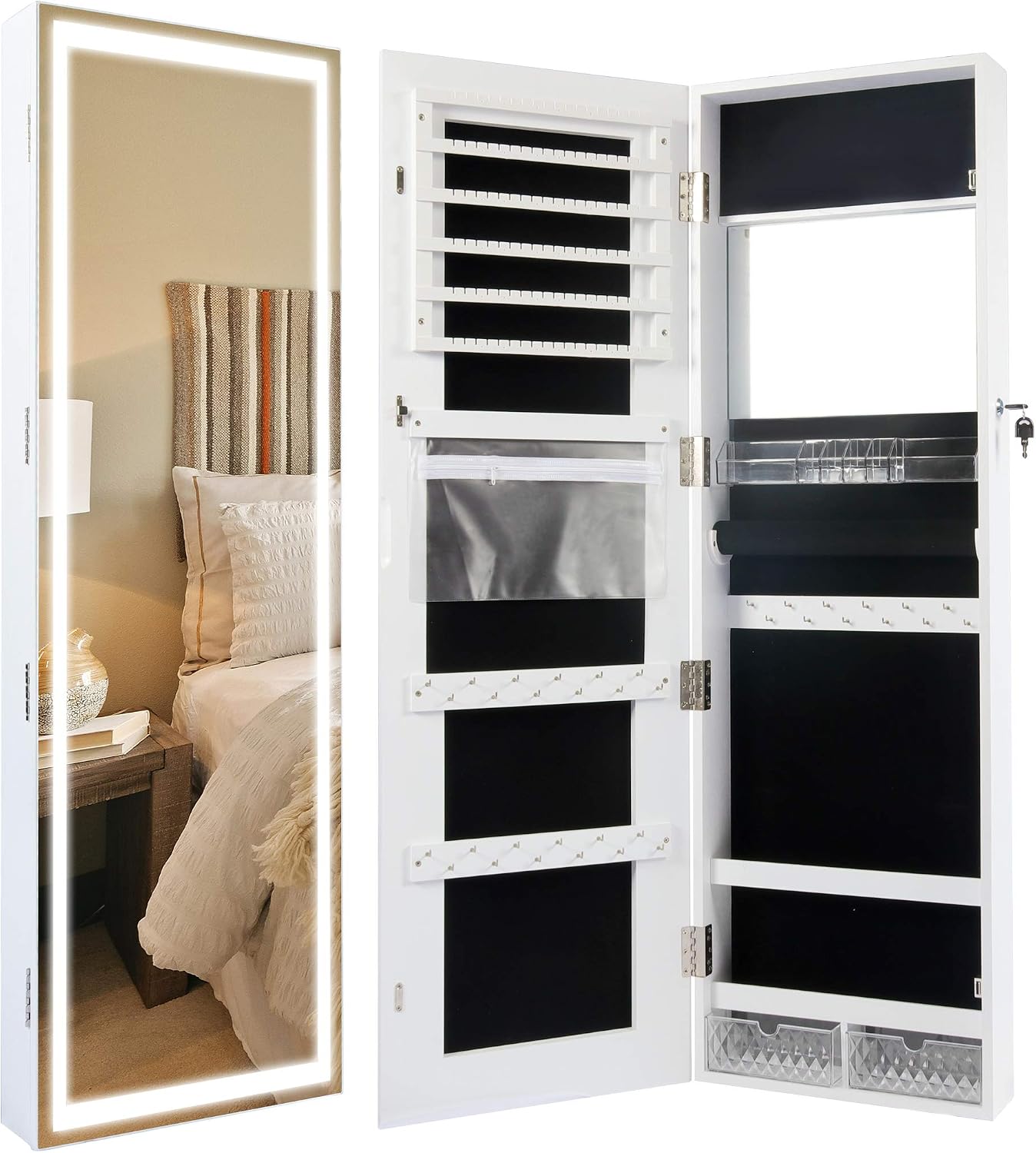 Becko US LED Mirror Jewelry Cabinet with 3 Colored Light, Wall/Door Mounted Wooden Jewelry Armoire, 47-Inch Full Length Lighted Mirror with Storage, Lockable Jewelry Organizer for Bedroom (White)