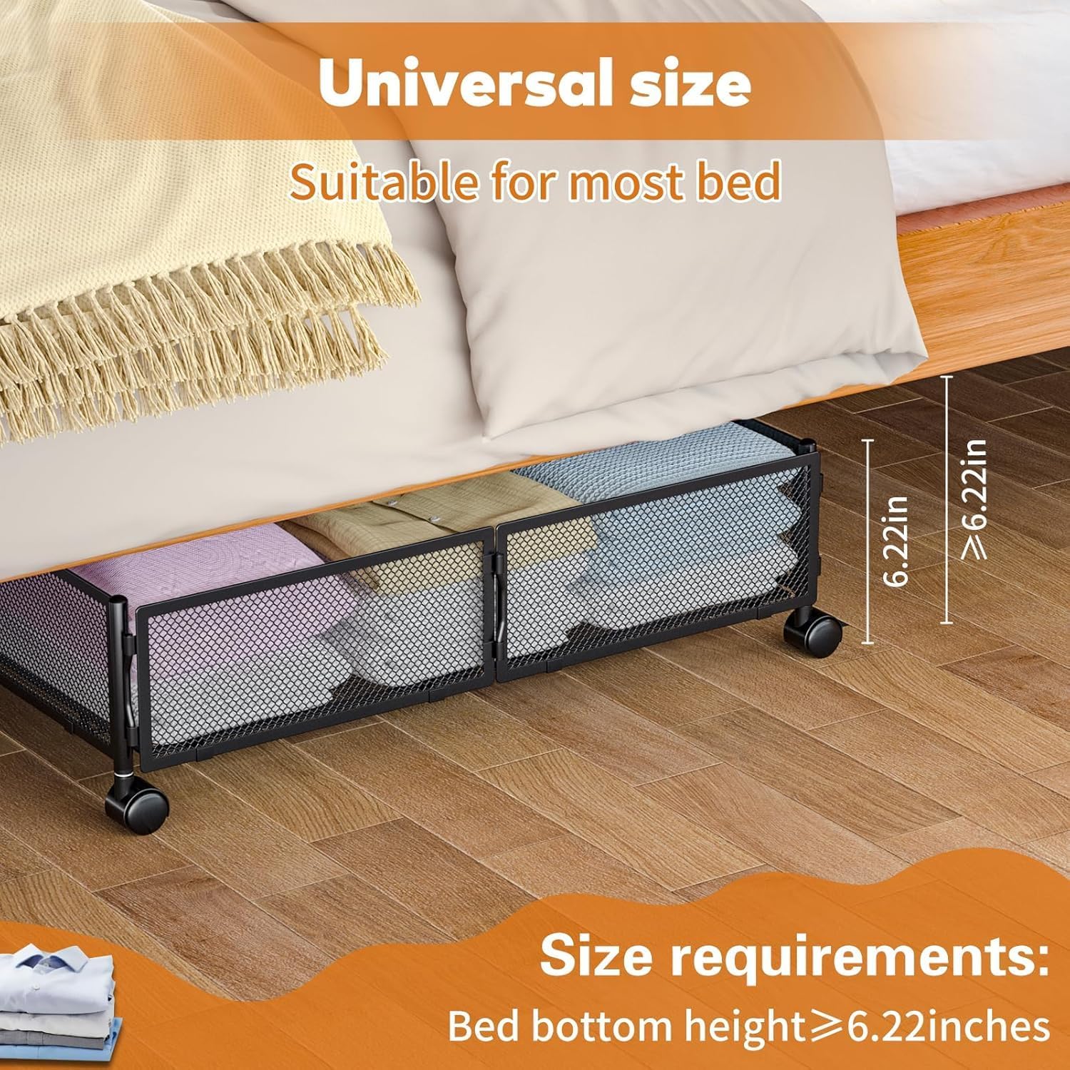 Under Bed Storage with Wheels, Rolling Under Bed Storage Storage Bins for Shoes Clothes, Foldable and Easy Mobility (2 Pack, Black)