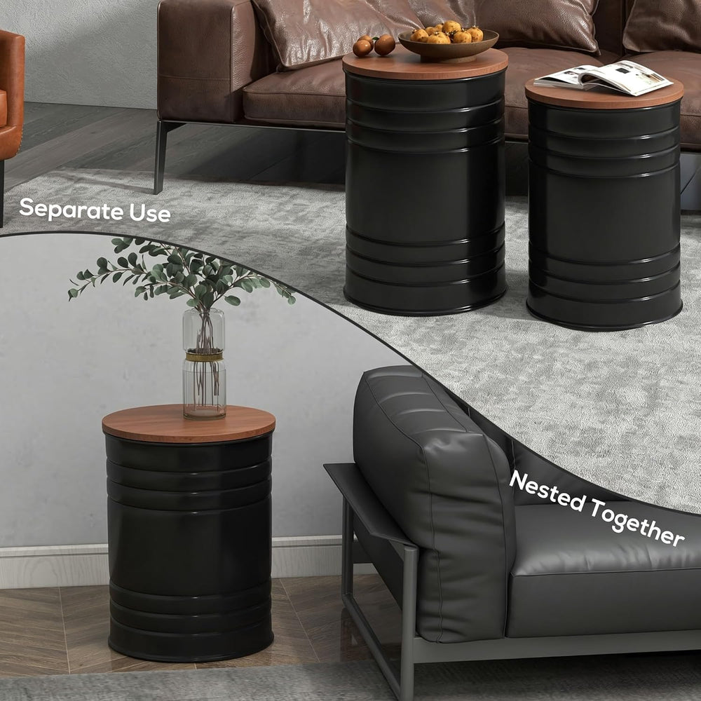 HOMCOM Nesting End Table Set of 2 with Round Storage Ottoman Stool Black | Re...