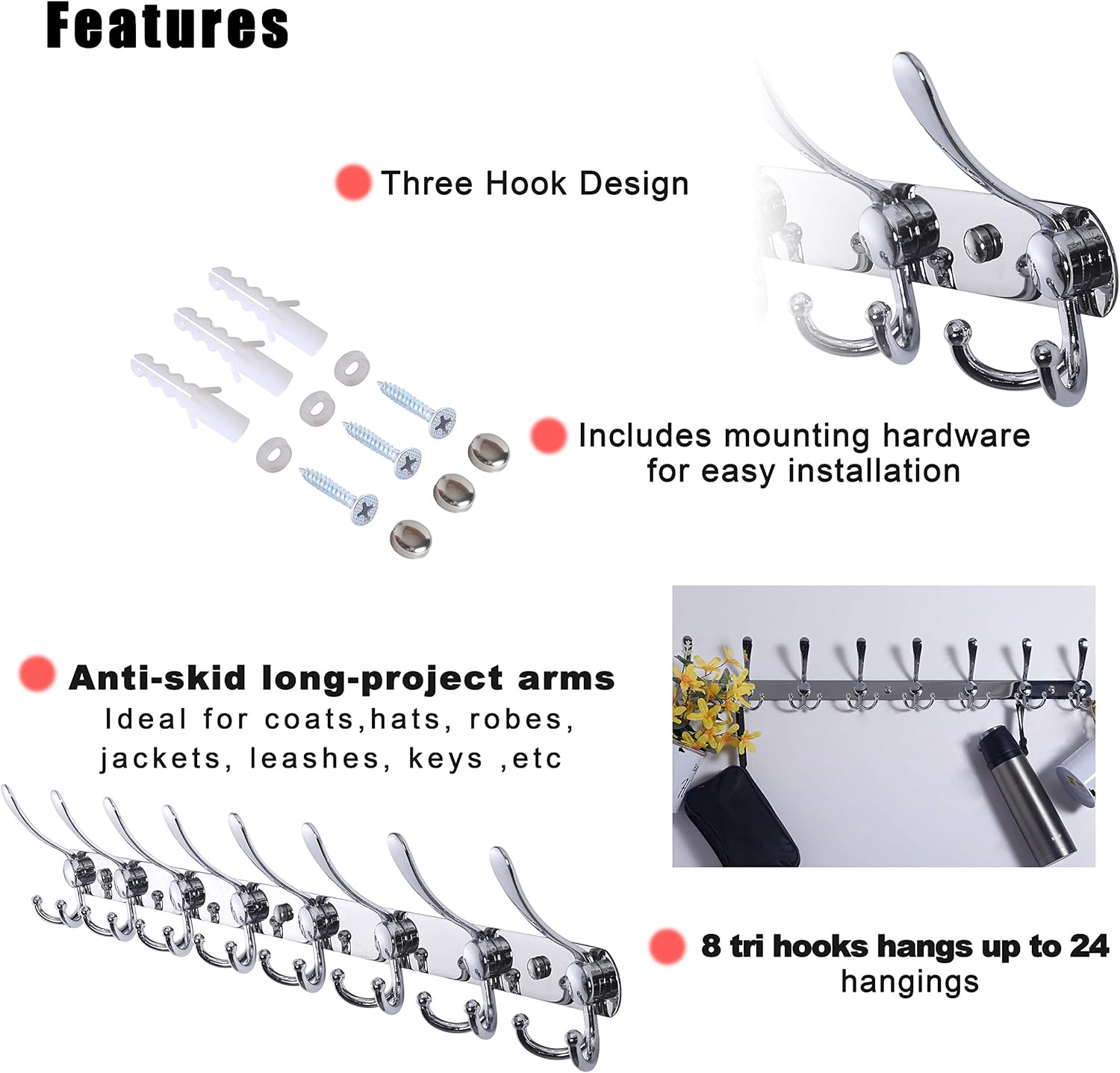 Dseap Coat Rack Wall Mount - 29.5” Long 8-Tri-Hooks Heavy Duty Coat Hanger Rail Wall Hooks for Hanging Coats Hats Clothing Clothes Purse Mudroom Entryway, Chromed