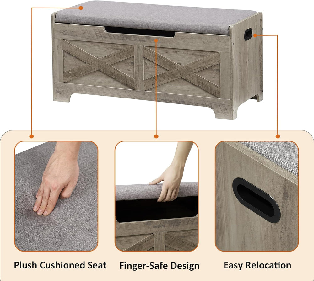 IDEALHOUSE 39.4" Storage Bench with 2 Safety Hinges, Grey | Retro Wooden...