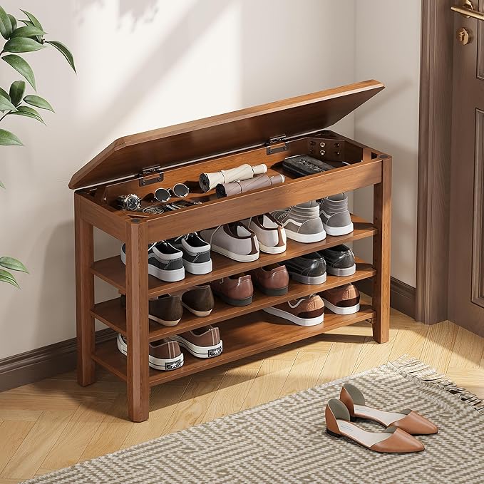 Shoe Rack Bench Seat Rubberwood 3-Tier Wooden Storage Bench 550lbs Compact Mi...