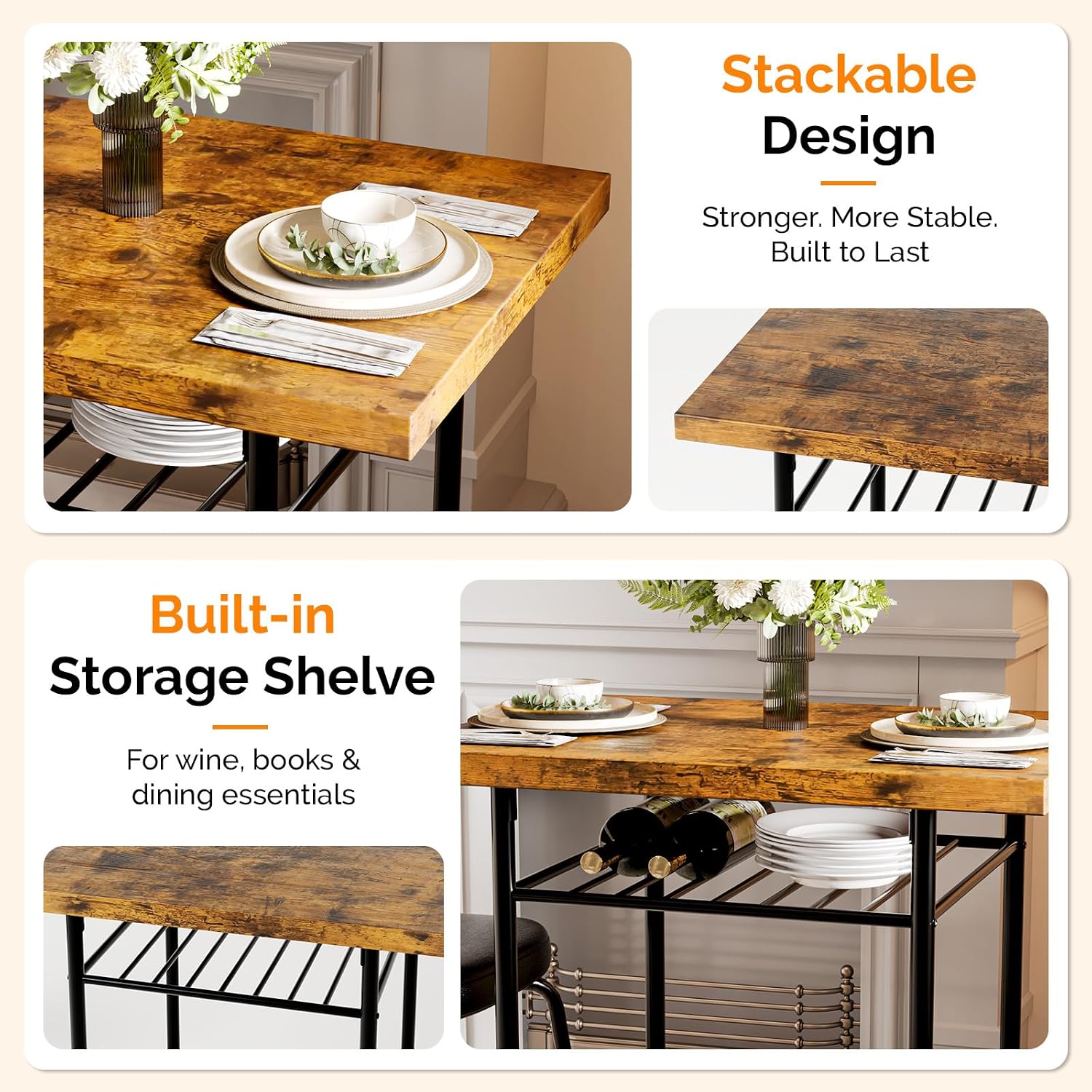 VINGLI Dining Table Set for 2, Small Kitchen Table Set with Upholstered Chairs, 3-Piece Dining Set with Storage Rack, Wood Dining Room Set with Metal Legs for Small Spaces, Living Room, Rustic Brown
