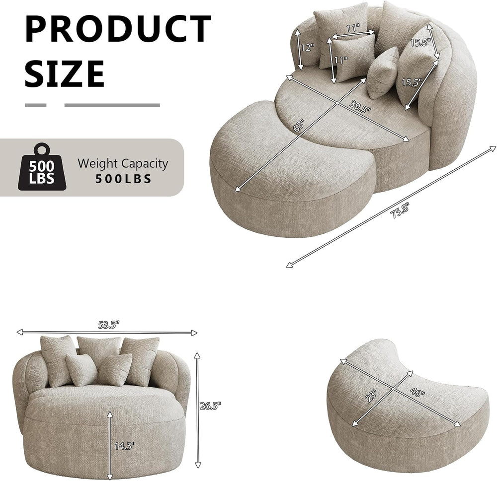 53.5" Oversized Round Chaise Lounge with Ottoman, Chenille, Beige White ...