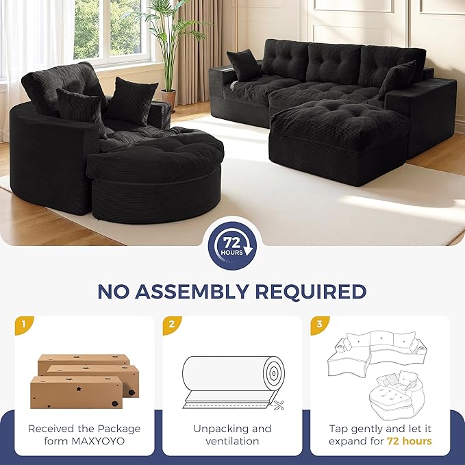 MAXYOYO L Shape Sectional Sofa Couch and Round Chaise Lounge, Modern Cloud Couch with Ottoman, Comfy Sofa with Layered Cushion, Tufted Upholstered Sleeper Chair for Living Room, No Assembly Required