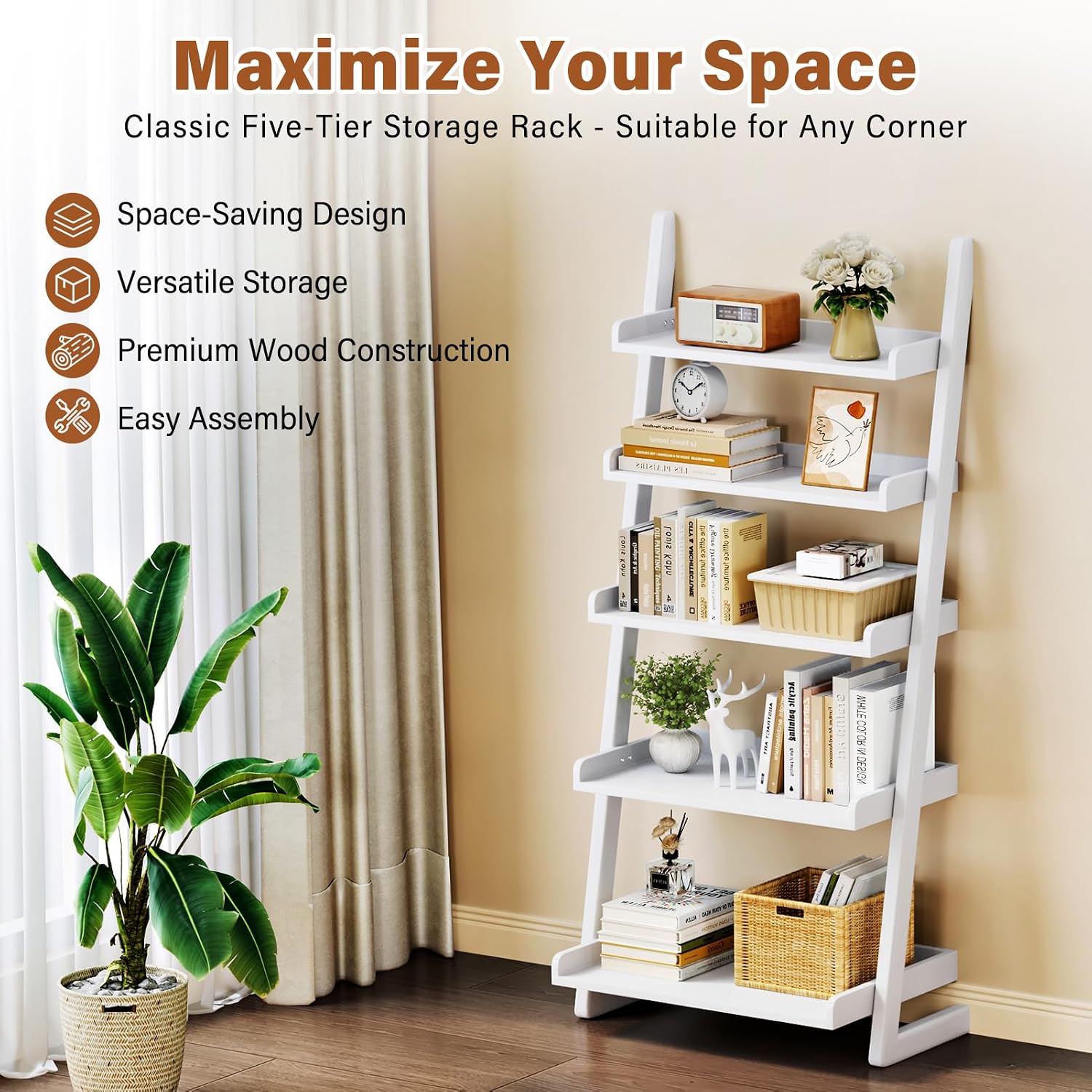 CozyDH Wooden Ladder Shelf, White Ladder Bookshelf Narrow 5-Tier,Ladder Shelf Bookcase Storage for Living Room, Bedroom, Home Office,23.6''Dx15.7''Wx55.1''H