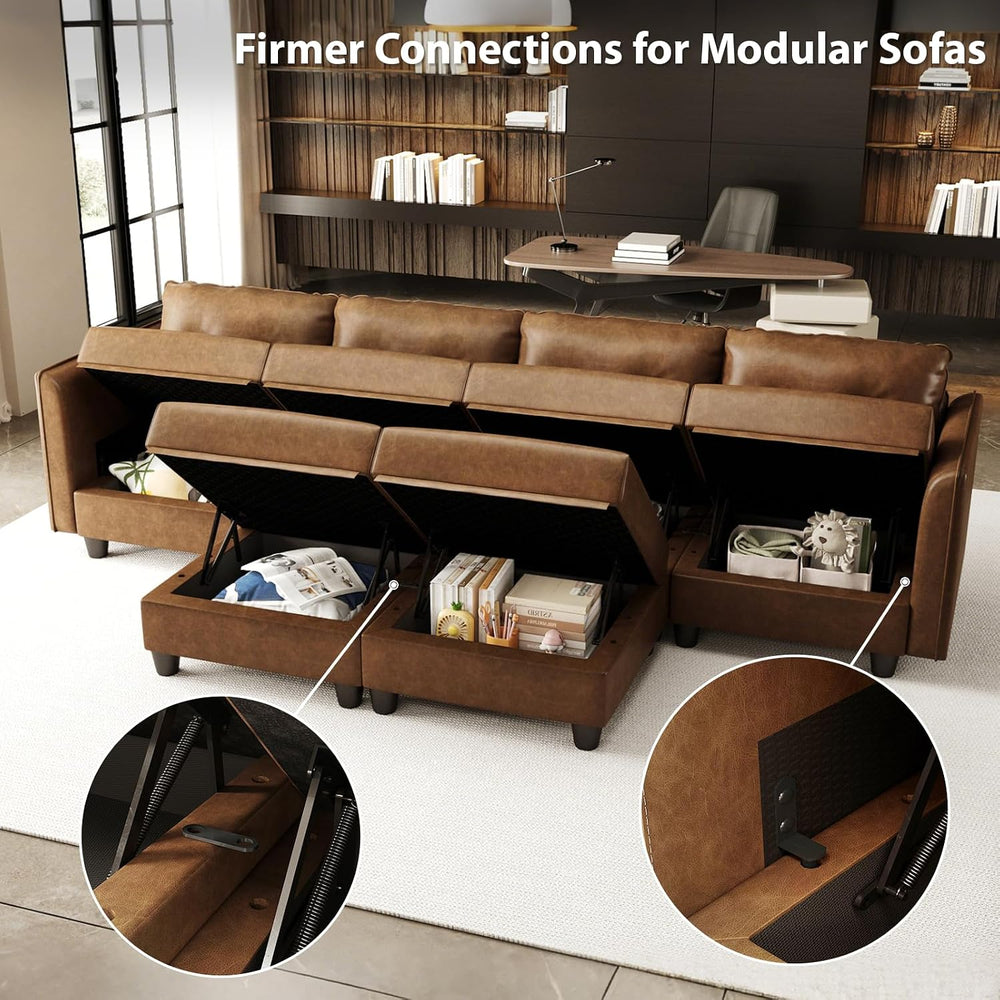 LLappuil 7-Piece U-Shaped Modular Sectional Sofa with Storage, Faux Leather C...