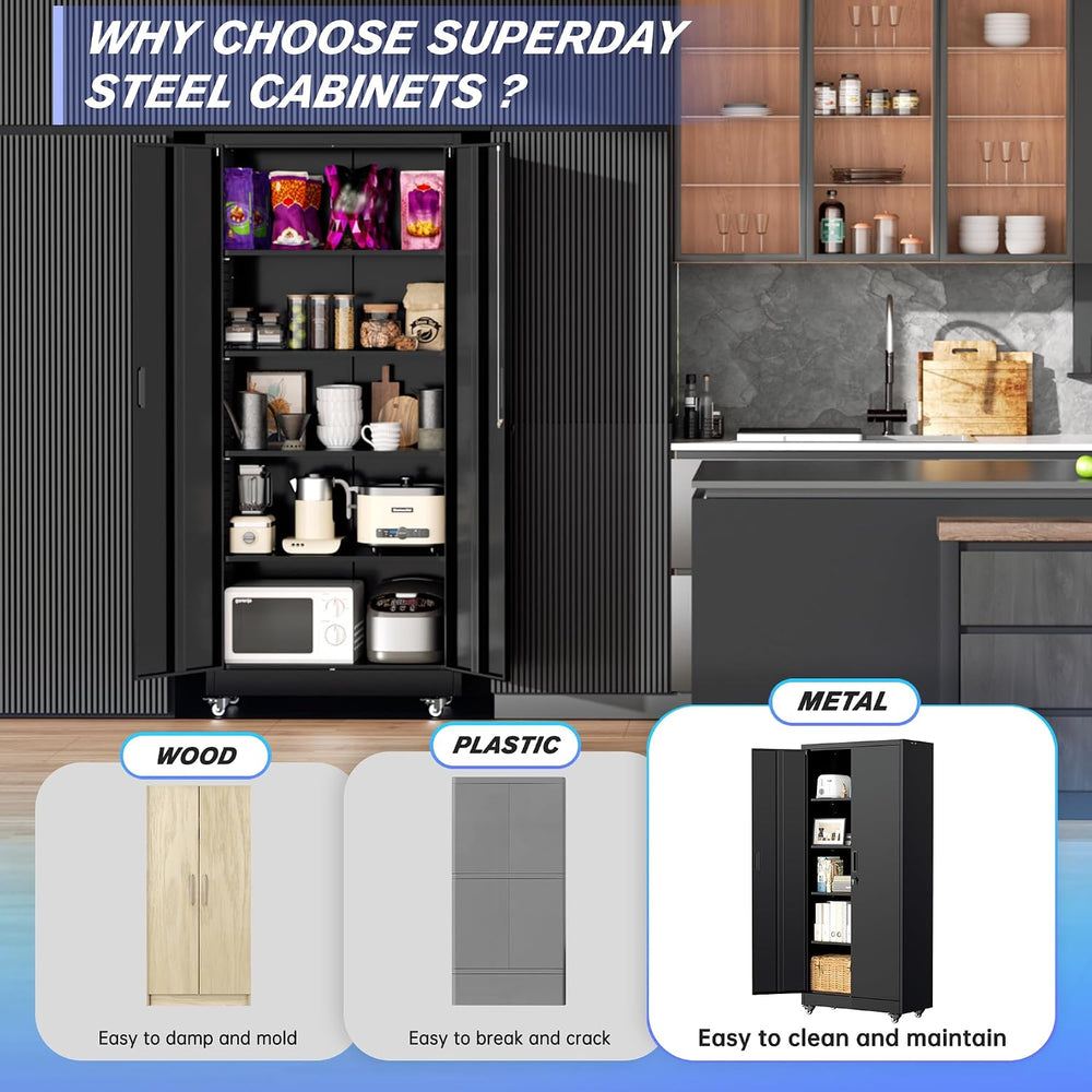 Pataku 73" Metal Storage Cabinet with Wheels, Garage Storage Cabinet wit...