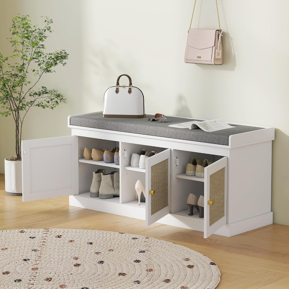 HOMCOM Shoe Bench with Woven Rattan Doors, Shoe Storage Bench with Cushion, A...