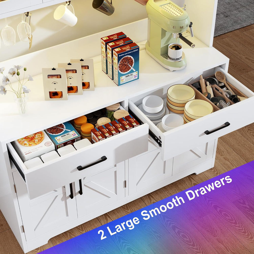 MUUEGM 71''Tall Kitchen Hutch with LED Lights & Power Outlet, Woo...