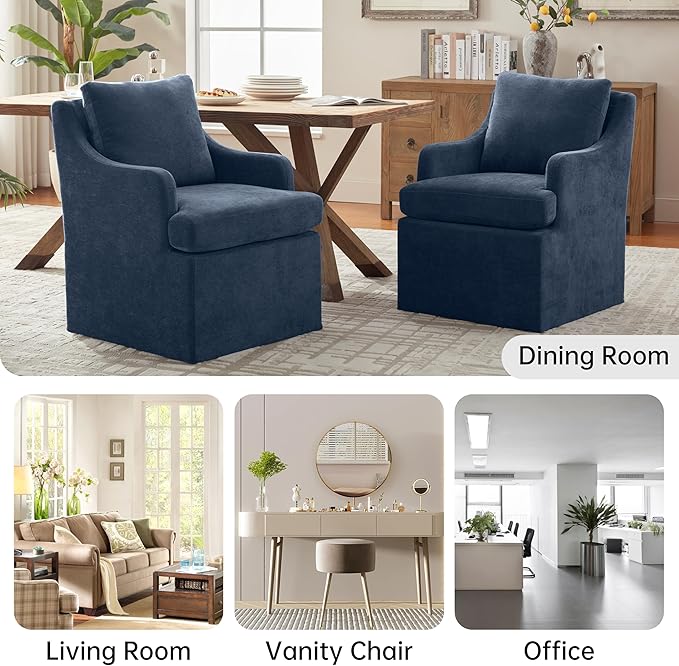VKNOW Upholstered Dining Chairs Set of 4, Linen Kitchen Chair Dinner Chair with 4 Casters, Chenille Armchair for Bedroom Reading Room Living Room, Blue