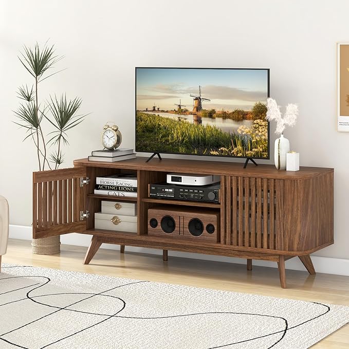 Giantex Fluted TV Stand for TVs up to 60", Mid Century Modern Entertainment Center w/Storage, 2-Door TV Cabinet w/Adjustable Shelves, Media Console Table for Living Room, Bedroom, Walnut