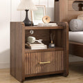 Night Stand with Charger Station, Fluted Wood Nightstand with Drawer Storage, Modern Bedside Table, Wide Nightstands for Bedroom, Mid Century Wooden Night Stands for Home Office Sofa Couch