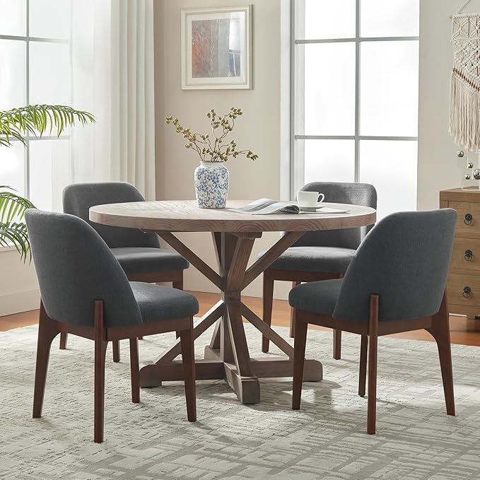 VKNOW Wooden Dining Chairs Set of 4, Upholstered Dining Room Chairs with Rubberwood Legs and Padded Seats, Kitchen Chairs for Restaurant Kitchen Living Room, Dark Grey