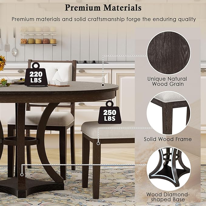Ball & Cast Retro Dining Table Set for 4 with 4 Upholstered Chairs,5-Piece Wooden Living Room Furniture W/ 42" Round Extendable Kitchen Desk,for Small Space,Apartment,Dining Room,Espresso