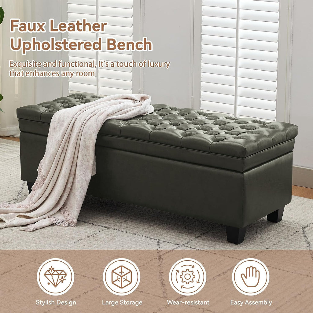 WUTUTUEE 50" Faux Leather Storage Ottoman Bench, End of Bed Upholstered Rectangle Storage Ottoman Tufted Living Room Bedroom Bench with Safety Hinge, Solid Wood Legs, Loads 500 lb(Green)