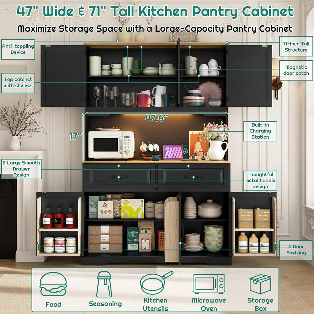 71" Tall 47" Wide Large Pantry Storage Cabinet w/ Power Outlet,LED ...