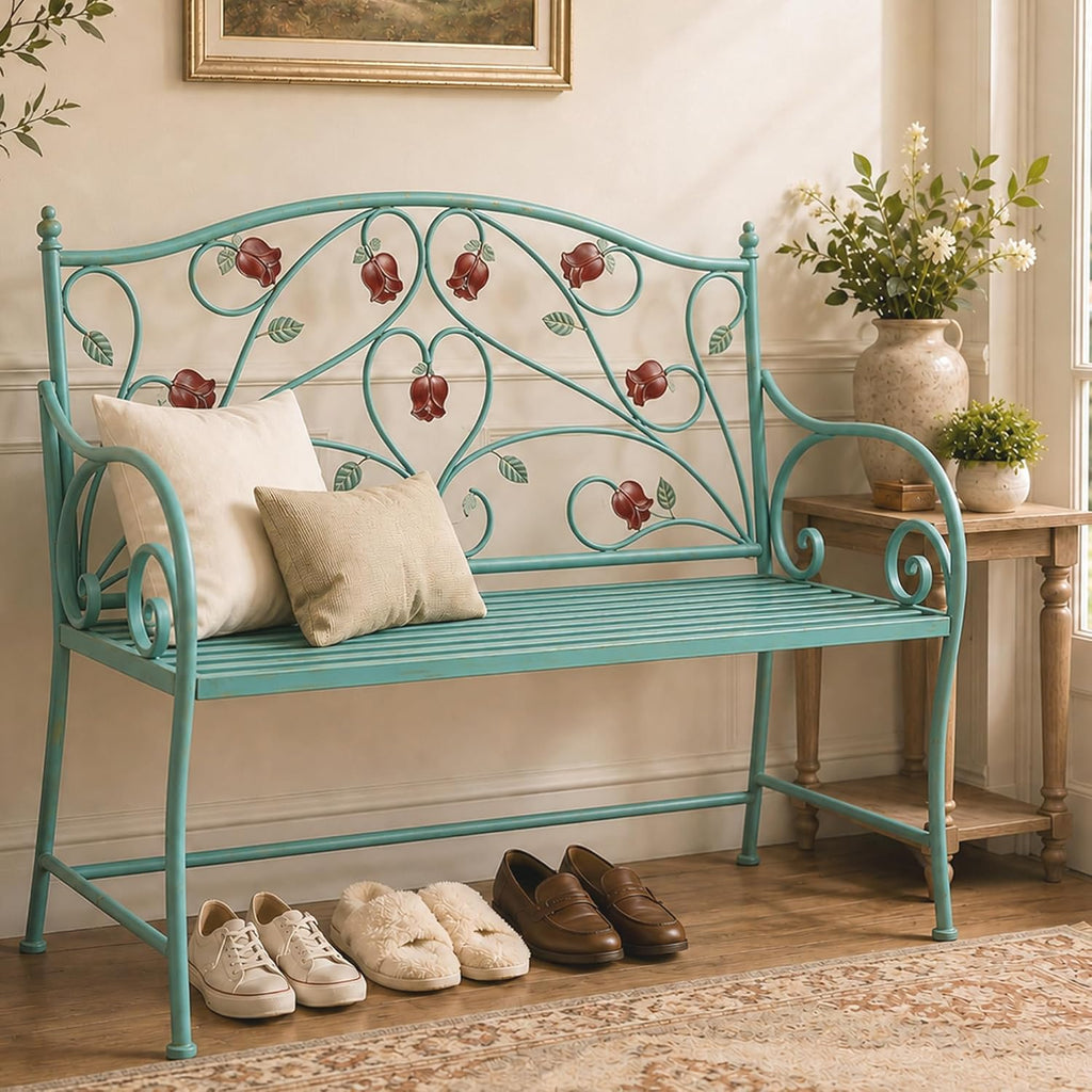 DIBRATY Rose Metal Entryway Bench, 2-Seater Vintage Foyer Bench, Blue | Garden Bench, with Scroll Armrest & Rose Leaf Pattern Backrest, Retro Distressed, for Porch, Living Room