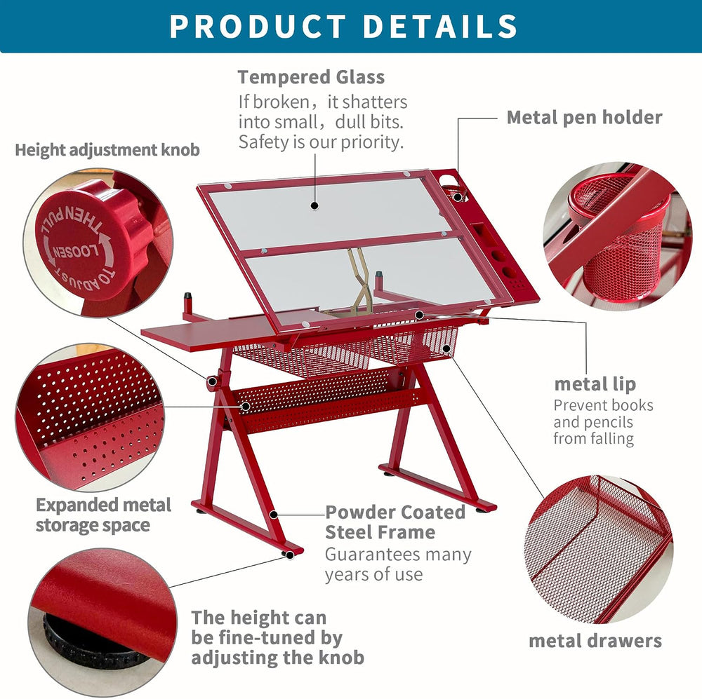 Adjustable Drafting Table with Chair, Tempered Glass Art Desk with 0-75° Tilt...