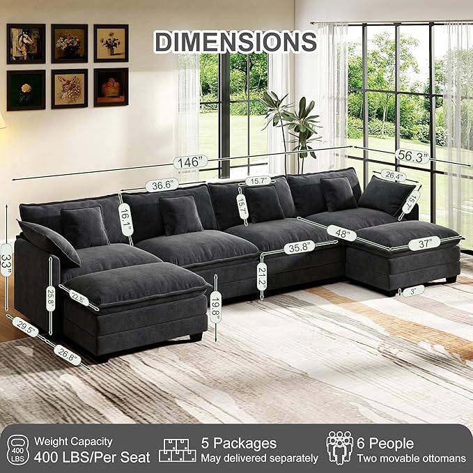 146" Cloud Couch Sectional, U Shaped Modular Sectional Sofa, 4-Seat Deep Seat Couch with 6 Removable Washable Pillows and 2 Ottoman for Living Room, Bedroom, Apartment, Black