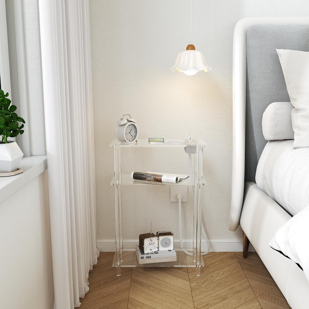 HMYHUM Acrylic Narrow Side Table with Charging Station, 7" Width, 3 Tier...