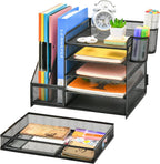 Marbrasse Desk Organizer with File Holder, 5-Tier Paper Letter Tray Organizer with Drawer and 2 Pen Holder, Mesh Desktop Organizer and Storage with Magazine Holder for Office Supplies(Black)