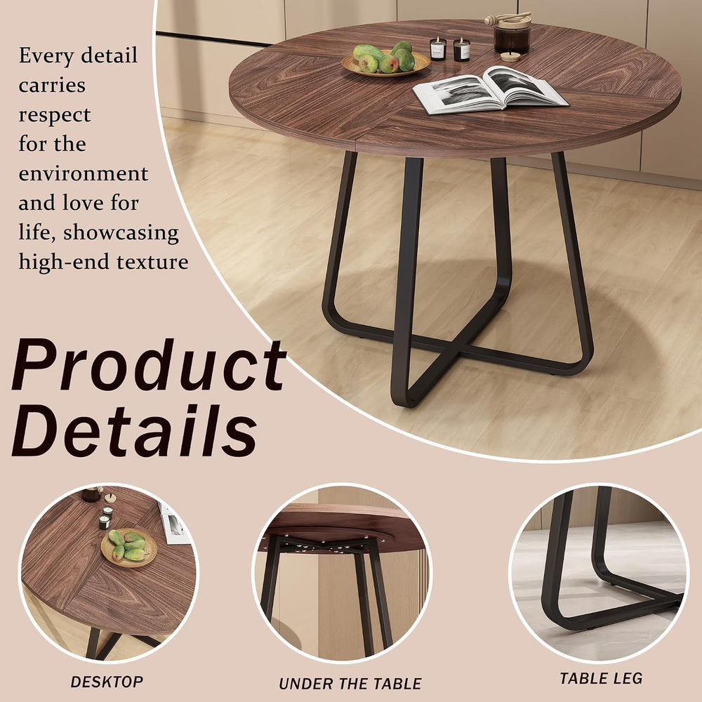 43.31'' Round Dining Table, Wood Kitchen Table with Metal X-Shaped Ba...