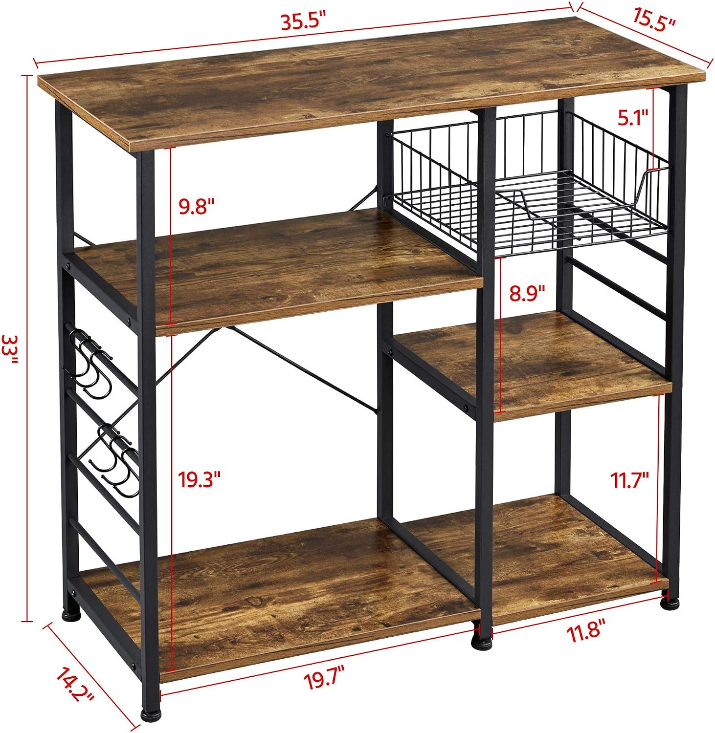 Topeakmart Metal Frame Baker's Rack with Wire Basket,Rustic Brown | Engineered wood shelves with side hooks,Microwave Stand for kitchens,dining rooms,Coffee Bar,and offices