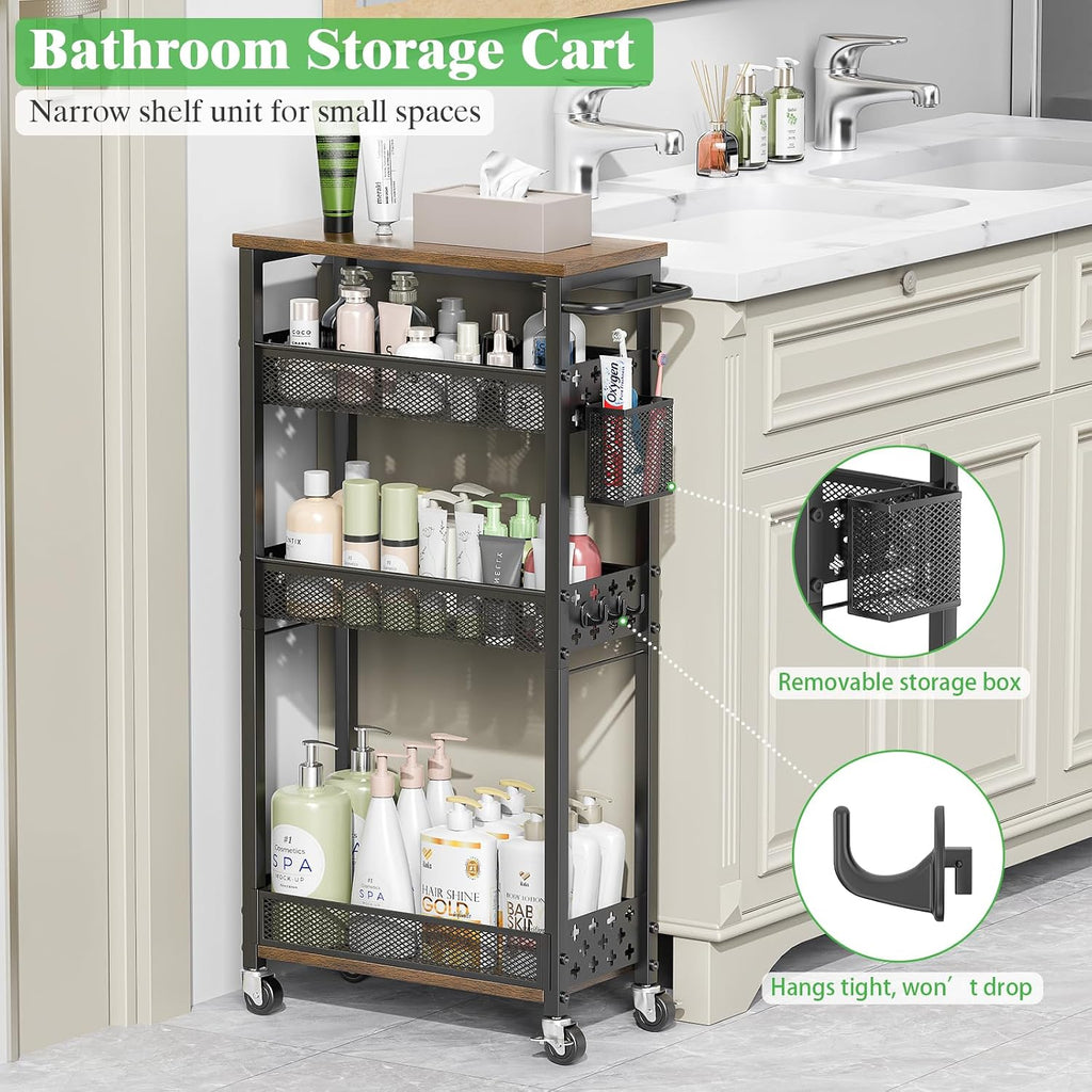 4 Tier Slim Rolling Storage Cart Laundry Room Organzier with Wheels | Small metal bathroom cart，kitchen organizer, trolley with handle and mesh basket, 7.1 inch width for narrow space, black