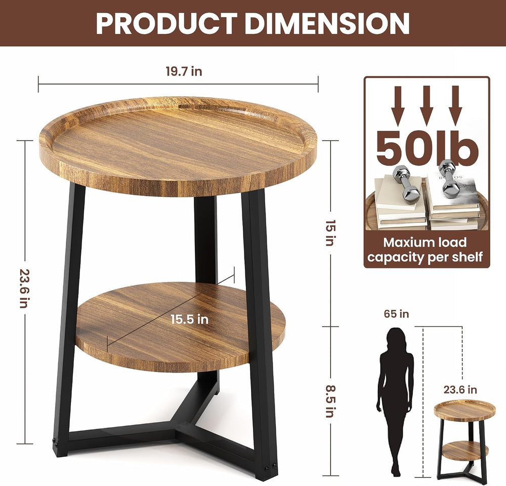 PPAMAPIC Round End Table, 2 Tier Side Table with Storage Shelf, Nightstand Ac...