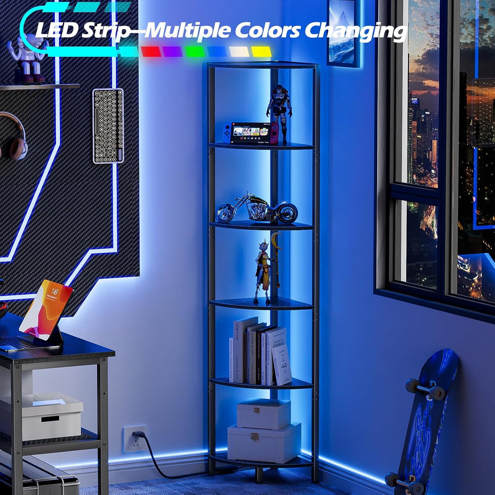Furnulem 6 Tier Corner Shelf with LED Light, 67.5" Black Narrow Bookshel...