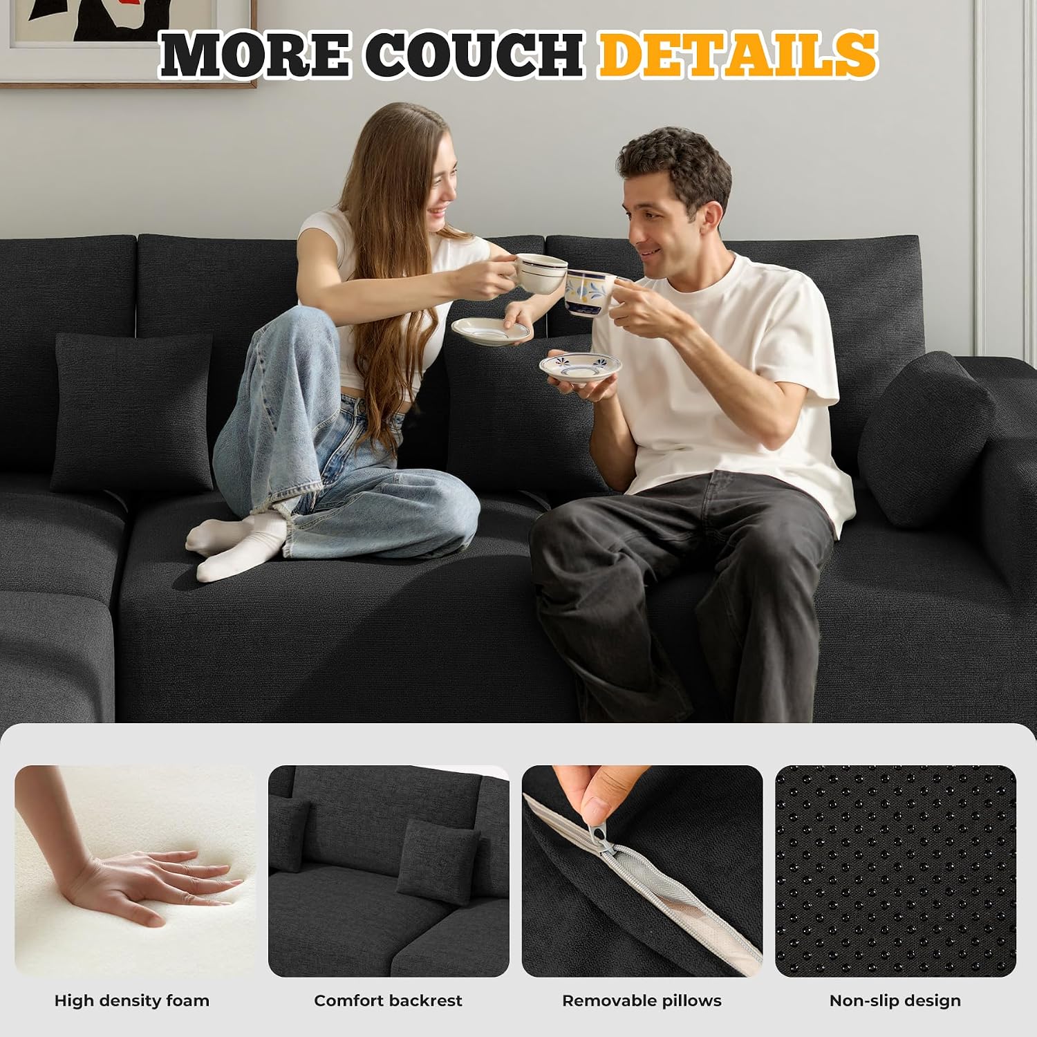 81" Cloud Loveseat Sofa in a Box, No Assembly Required Comfy Deep Seat Chenille Boneless Couch, Modern Small Couches for Living Room, Apartment, Black