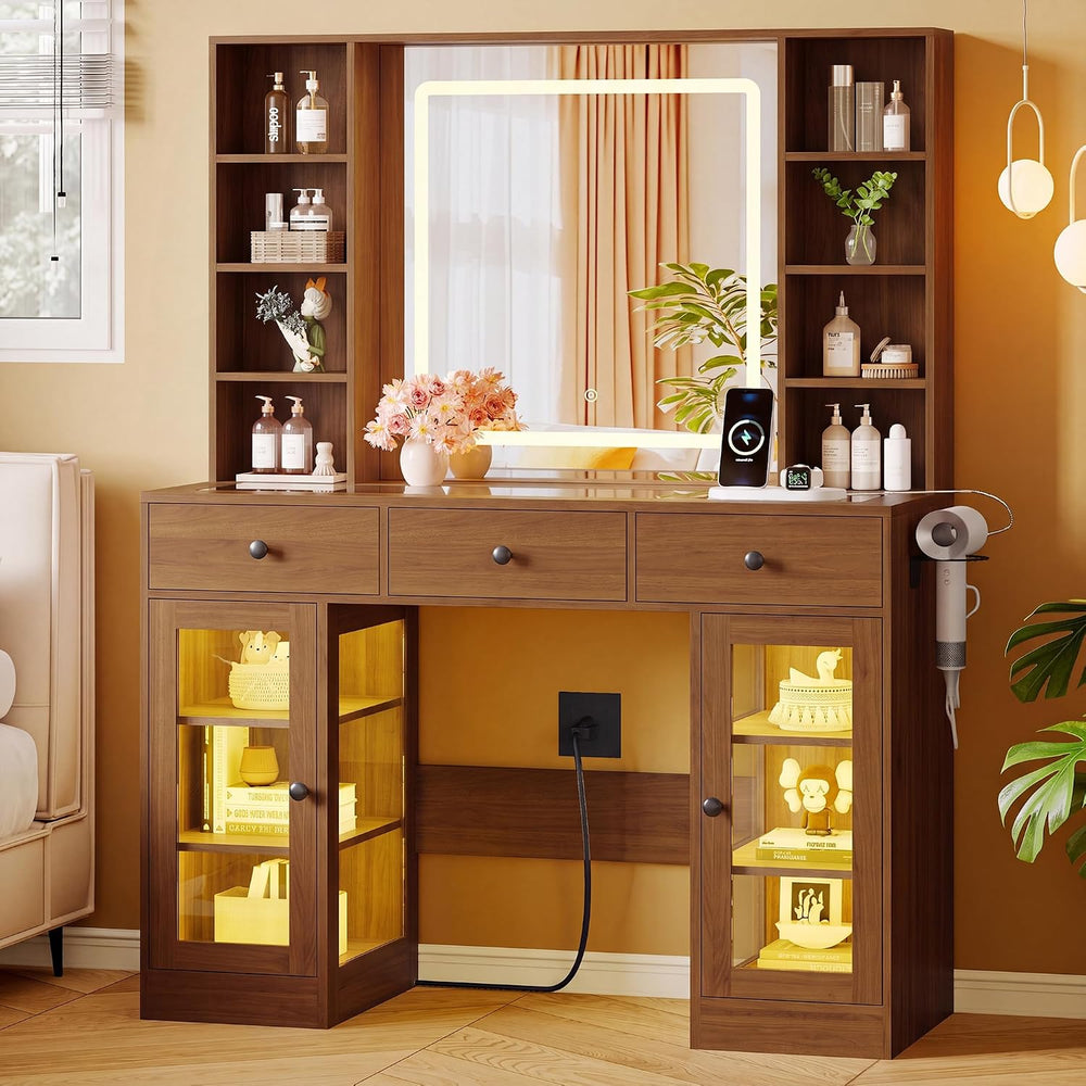 Xixini 43.4" Makeup Vanity Desk with LED Mirror, RGB Glass Cabinets, Wal...