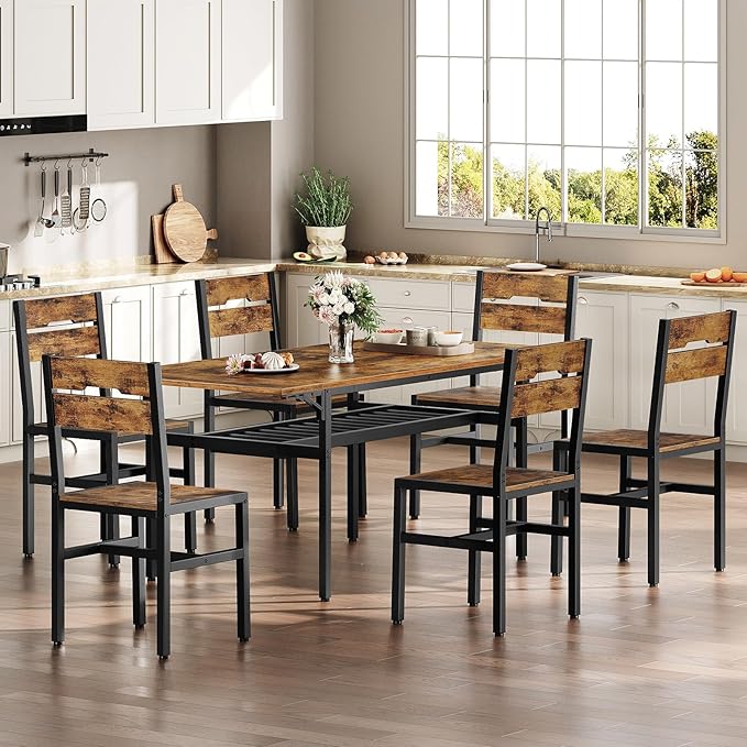 Dining Chairs Set of 6, Rustic Wooden Kitchen Chairs with Backrests and Metal Frame, Modern Farmhouse Dinner Chairs for Kitchen, Easy Assembly, Living Room, Dining Room, Rustic Brown and Black