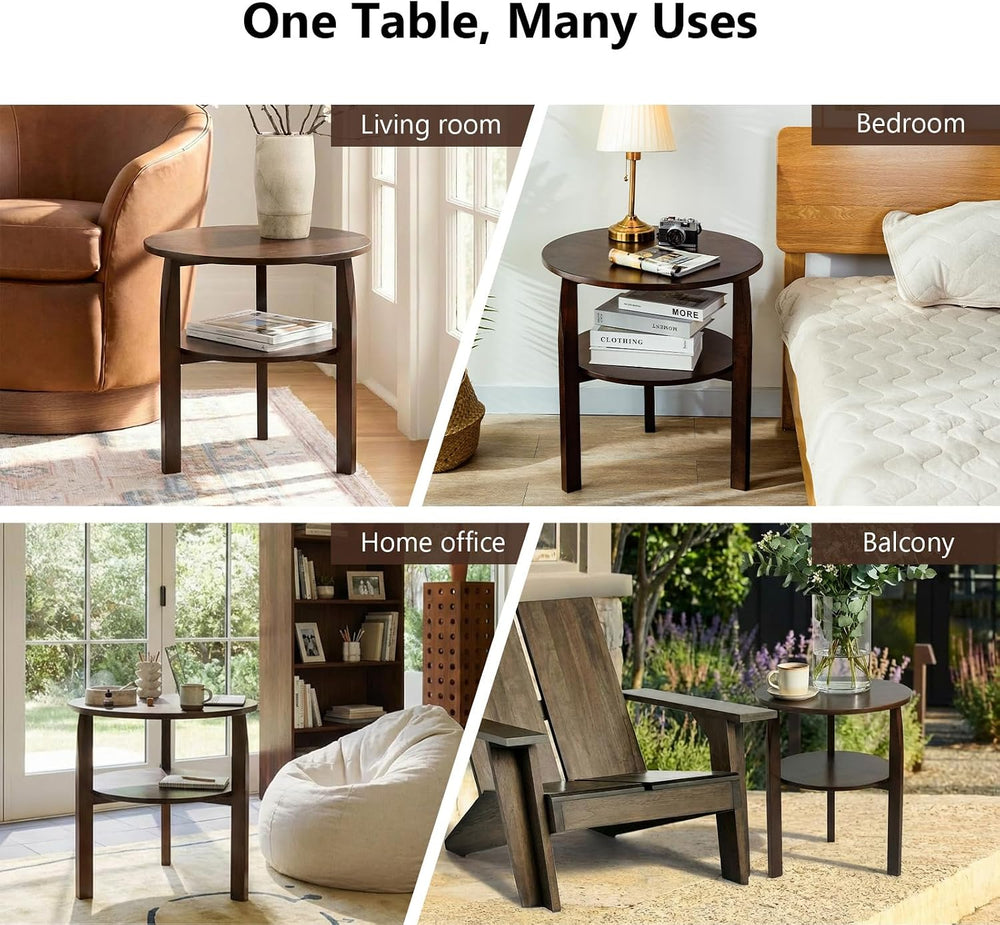 Round Side Table with 2-Tier Shelf Wood End Table | Mid Century Modern Accent...