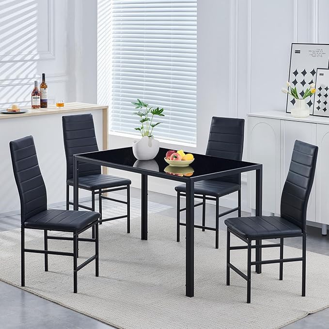 PU Dining Chairs Set of 4, Modern Kitchen & Dining Room Chairs Faux Leather Upholstered Dinner Chairs with Metal Legs for Small Space (Black, Crossbar)
