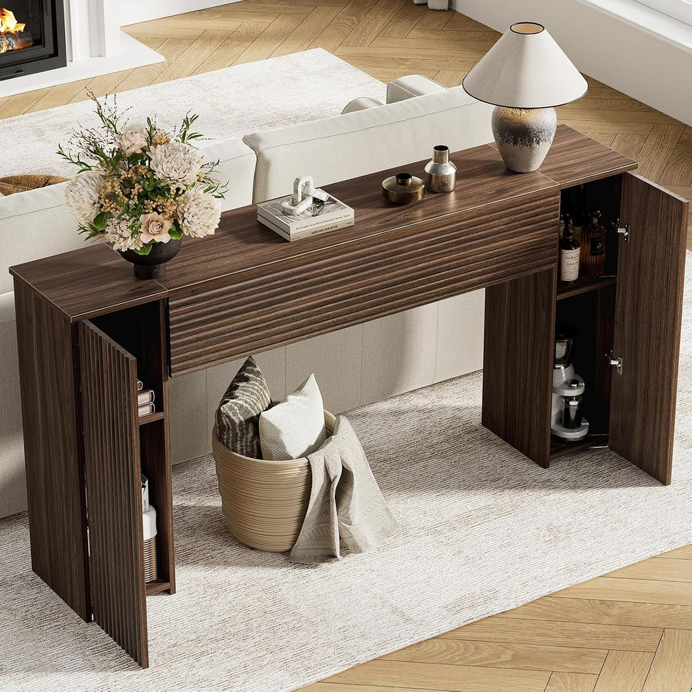 FABATO 61” Fluted Long Console Table with 2 Hidden Storage Cabinets, Walnut |...