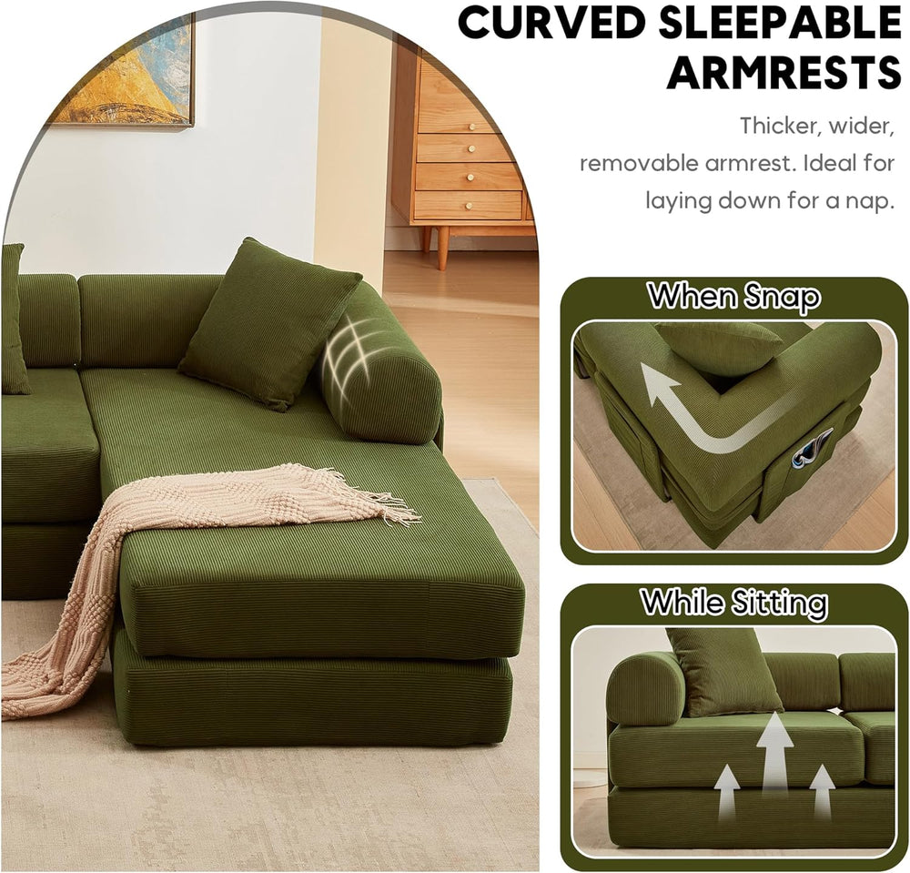 L Shaped Modular Sofa Bed with Cylindrical Pillow & Reversible Chaise, Co...
