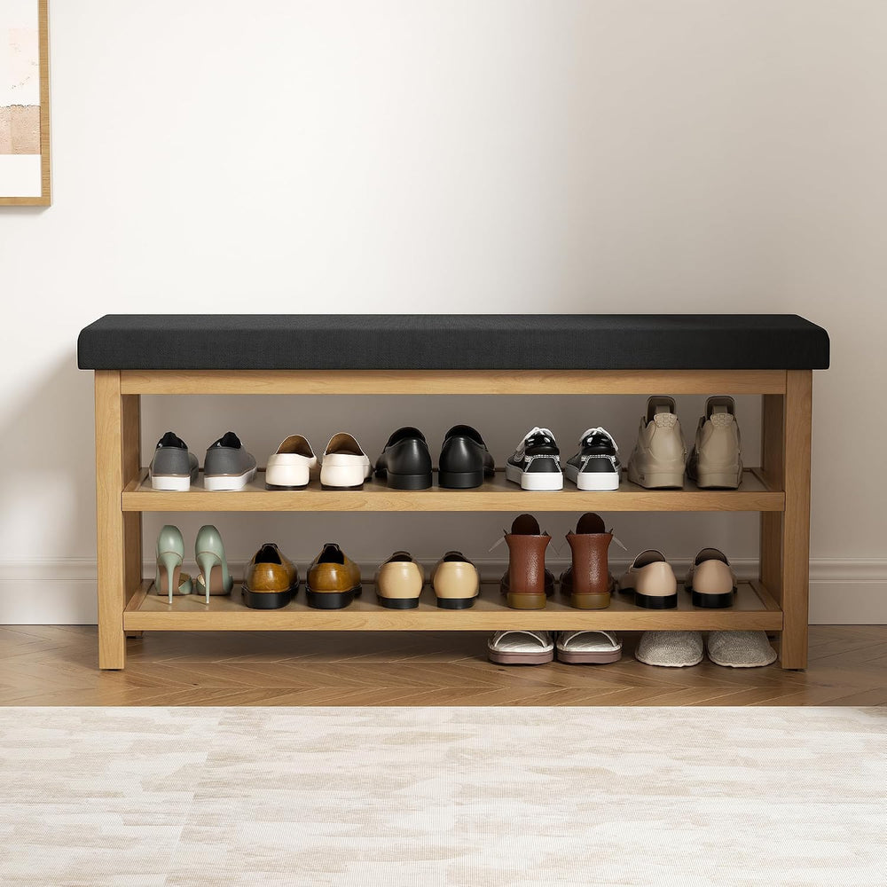 2 Tier Shoe Rack Bench with Cushion, Rubberwood Shoe Benches, Mid-Century Mod...