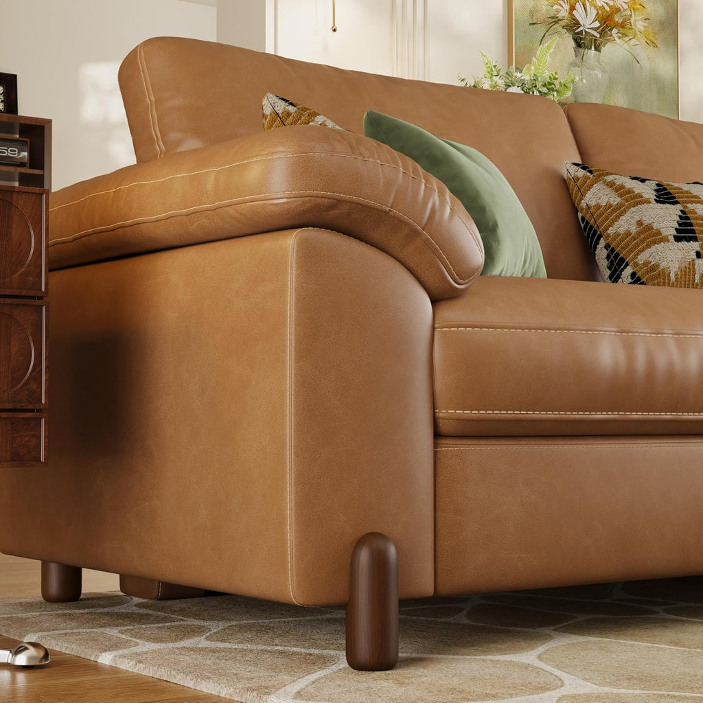 Cloud Couch Sectional, 3 Seater L-Shaped Sofa, Faux Leather in Brown | Pet-Friendly Scratch-Resistant Leather Sectional Sofas for Living Room, Deep Seat Wide Couch with Chaise, Storage Ottoman