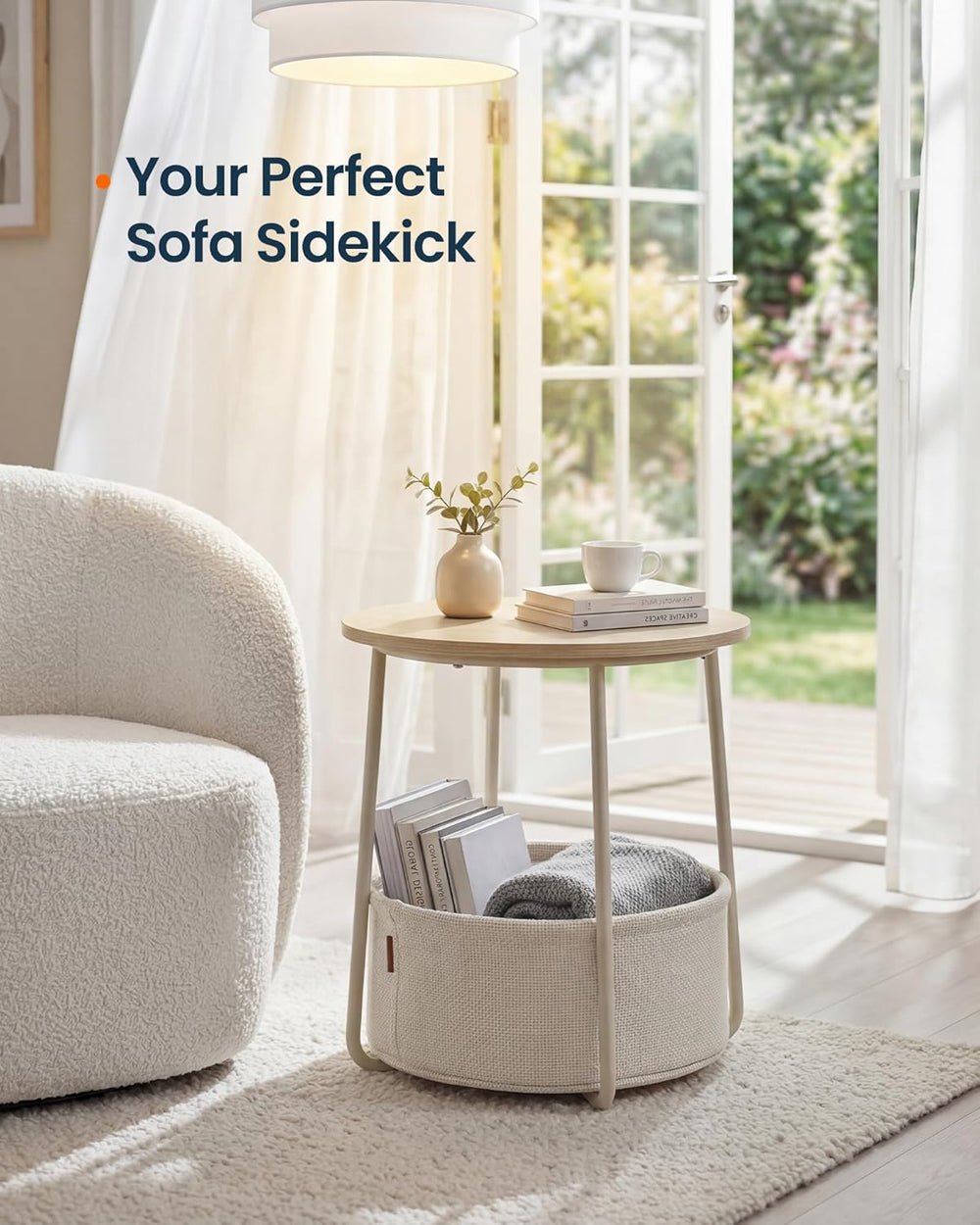 SONGMICS HOME Small Side Table, Round End Table, 2 Tier Nightstand with Baske...
