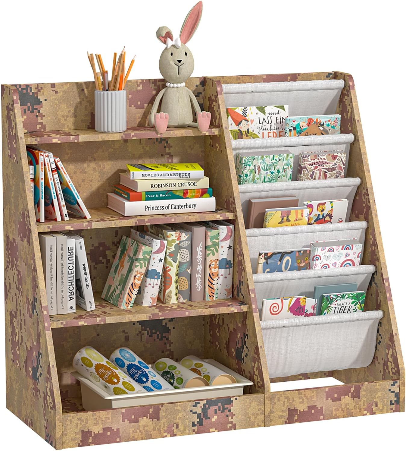 4 Tier Kids Bookshelf Wooden, Five Layer Sling Children Bookcase, Baby Toddler Storage Book Rack, Book and Toy Organizer Cabinet Chest, Book Display Shelf Stand, Playroom Nursery Classroom Library