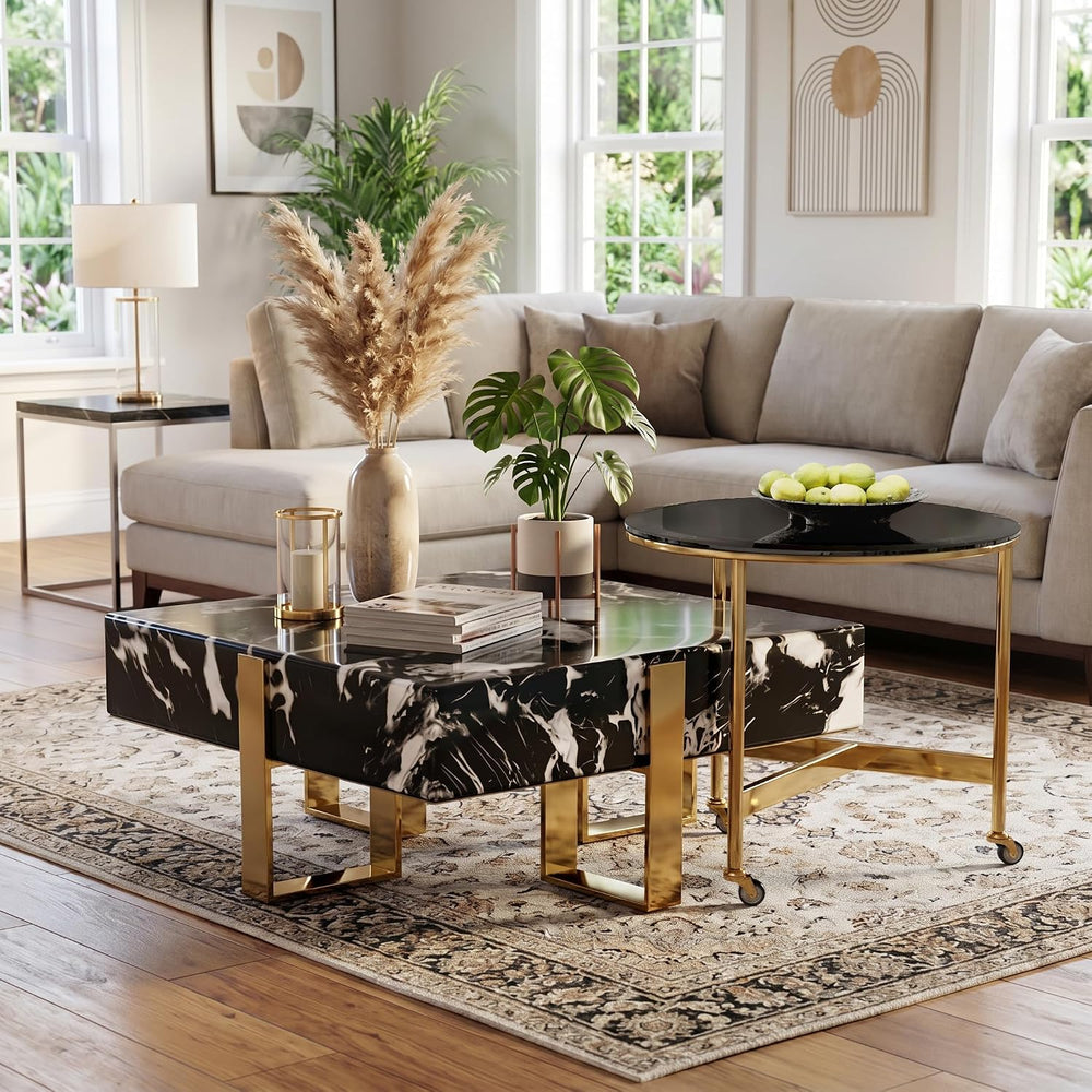 Black Square Coffee Table and Round End Table, Nesting Coffee Table Set of 2,...