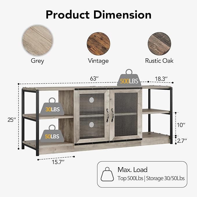 IDEALHOUSE Farmhouse TV Stand for 65/75 Inch TVs, Entertainment Center with Storage Cabinet, Industrial Media Console Table, Furniture for Living Room, Grey