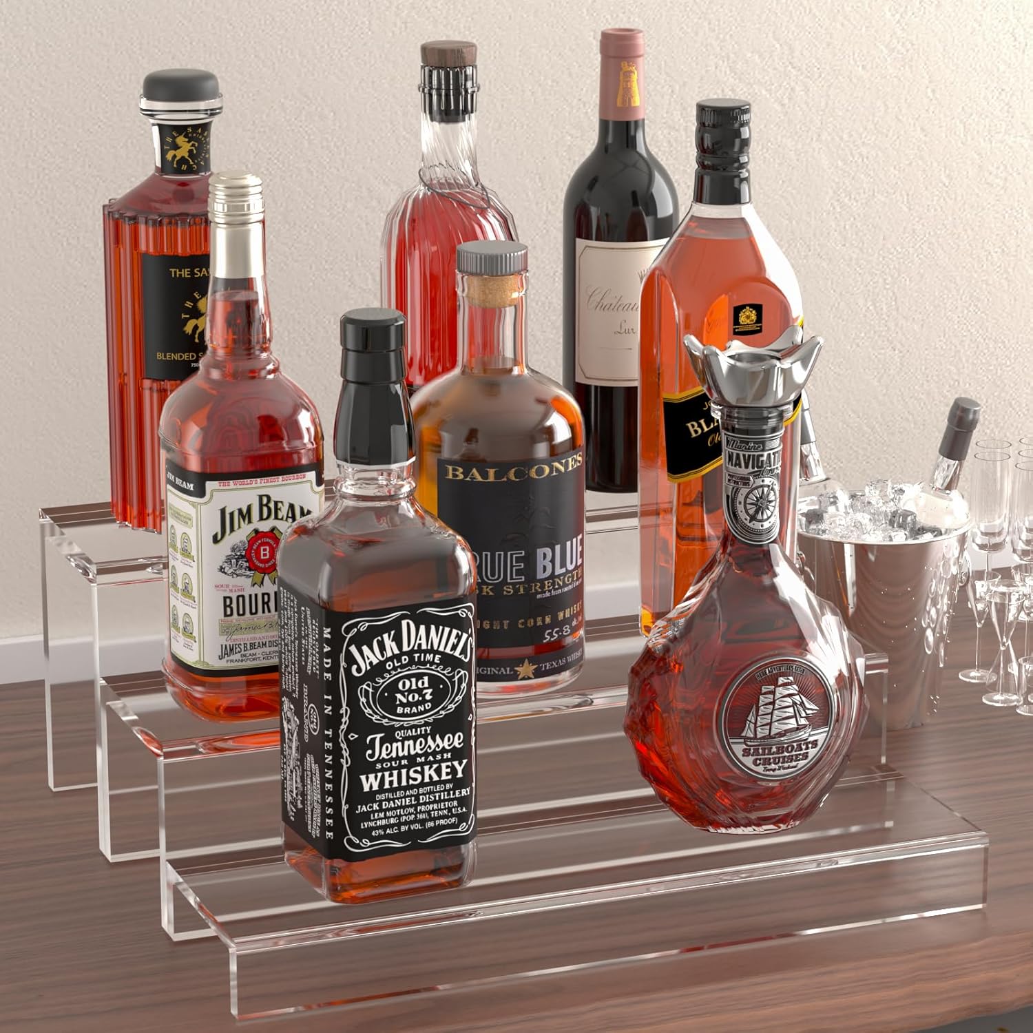 2 Pack Tiers Bar Shelves for Liquor Bottles, 15" Clear Acrylic Risers Display Racks Stands for Figures Pops Cupcake Perfume Collections (Clear)